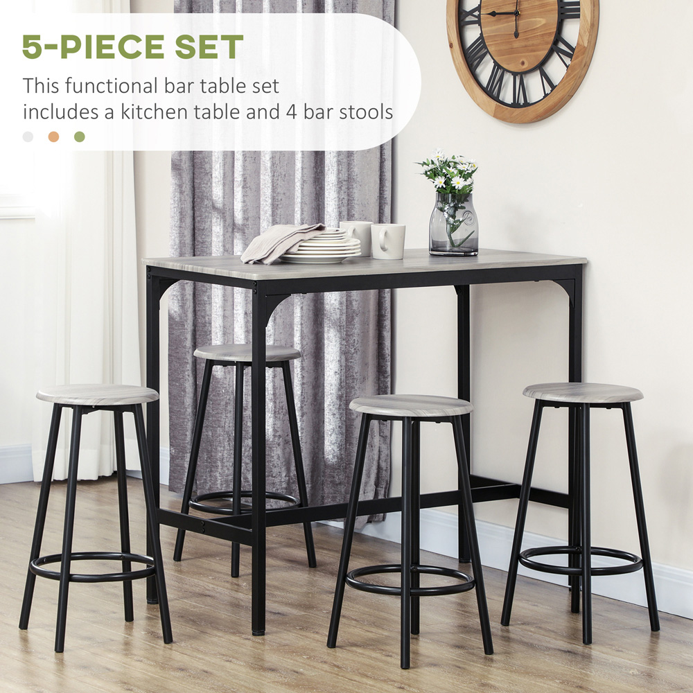 HOMCOM 4 Seater Grey Wood and Metal Bar Table and Stool Set Image 8