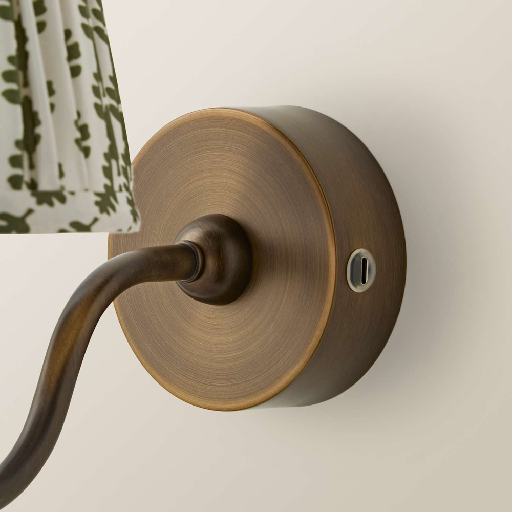 ValueLights Lowe Green Ditsy Floral Pleated Shade Brass Rechargeable Wall Light with Bulb Image 5