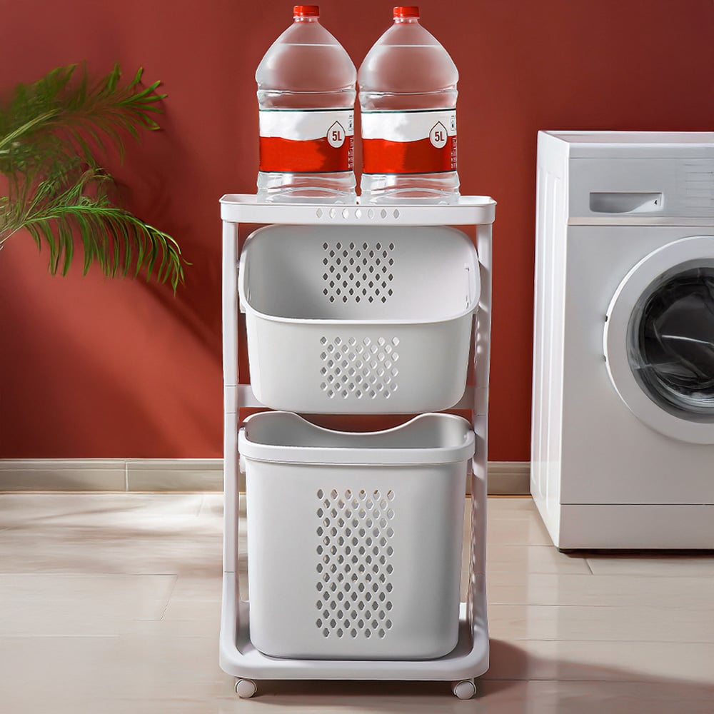 Living and Home 2 Basket Bathroom Clothes Laundry Basket with Wheels Image 7