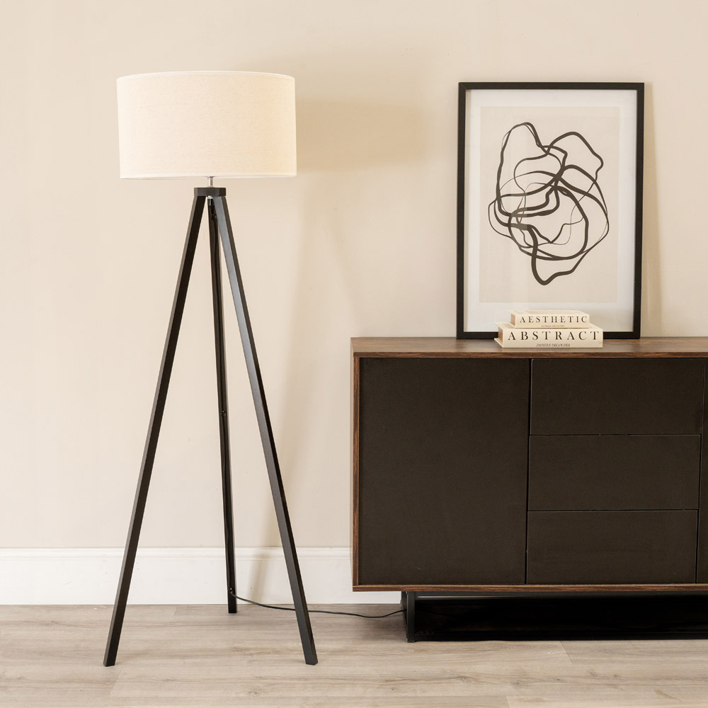 ValueLights Barbro White Trim Drum Shade Black Tripod Floor Lamp and Bulb Image 3