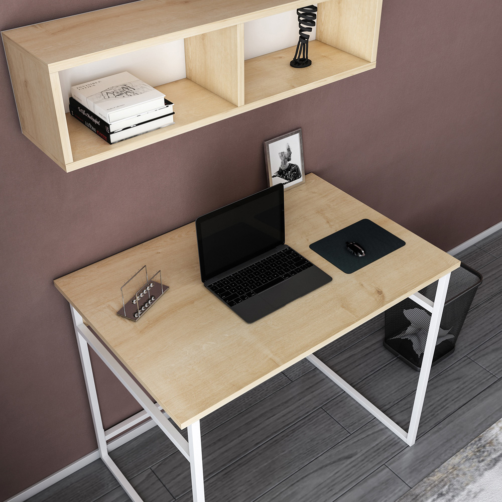 Decorotika Hussum Computer Desk with 2 Section Wall Shelf White and Oak Image 4