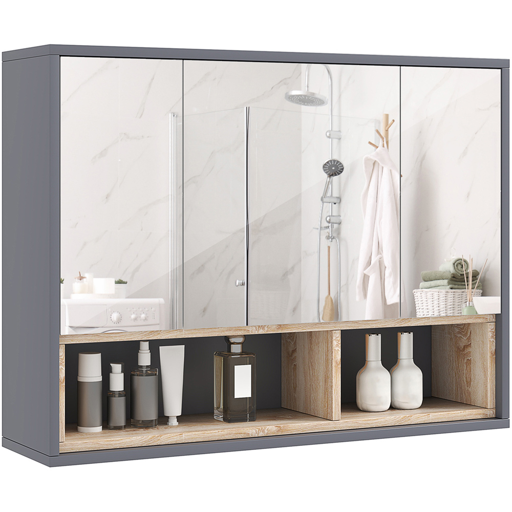 Portland 3 Door 2 Shelf Grey Wall-Mounted Mirrored Bathroom Storage Cabinet Image 2