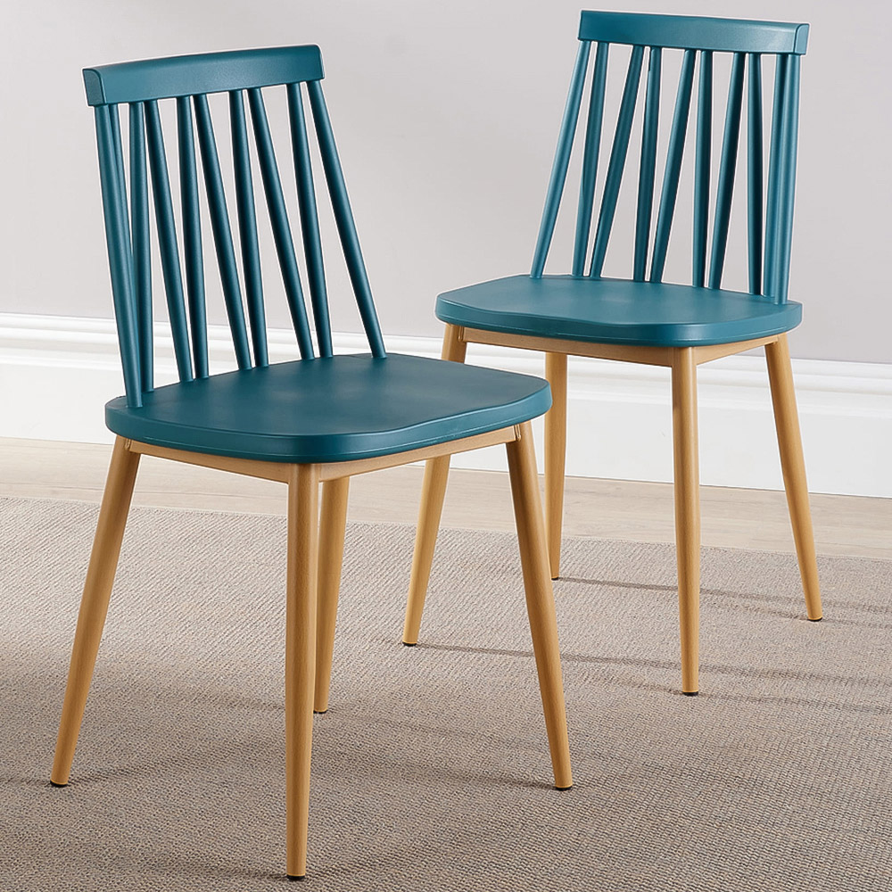 Home Source Set of 2 Teal Metal Slatted Back Dining Chair with Iron Tube Legs Image 1