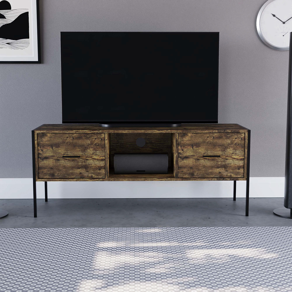 VIDA DESIGNS Brooklyn 2 Drawer Single Shelf Dark Wood Industrial TV Unit Image 6