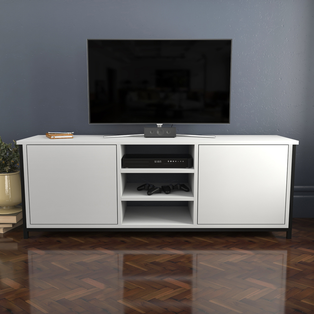 Decorotika Otis 2 Door 3 Shelf Black and White TV Stand for 63 inch TV Image 4