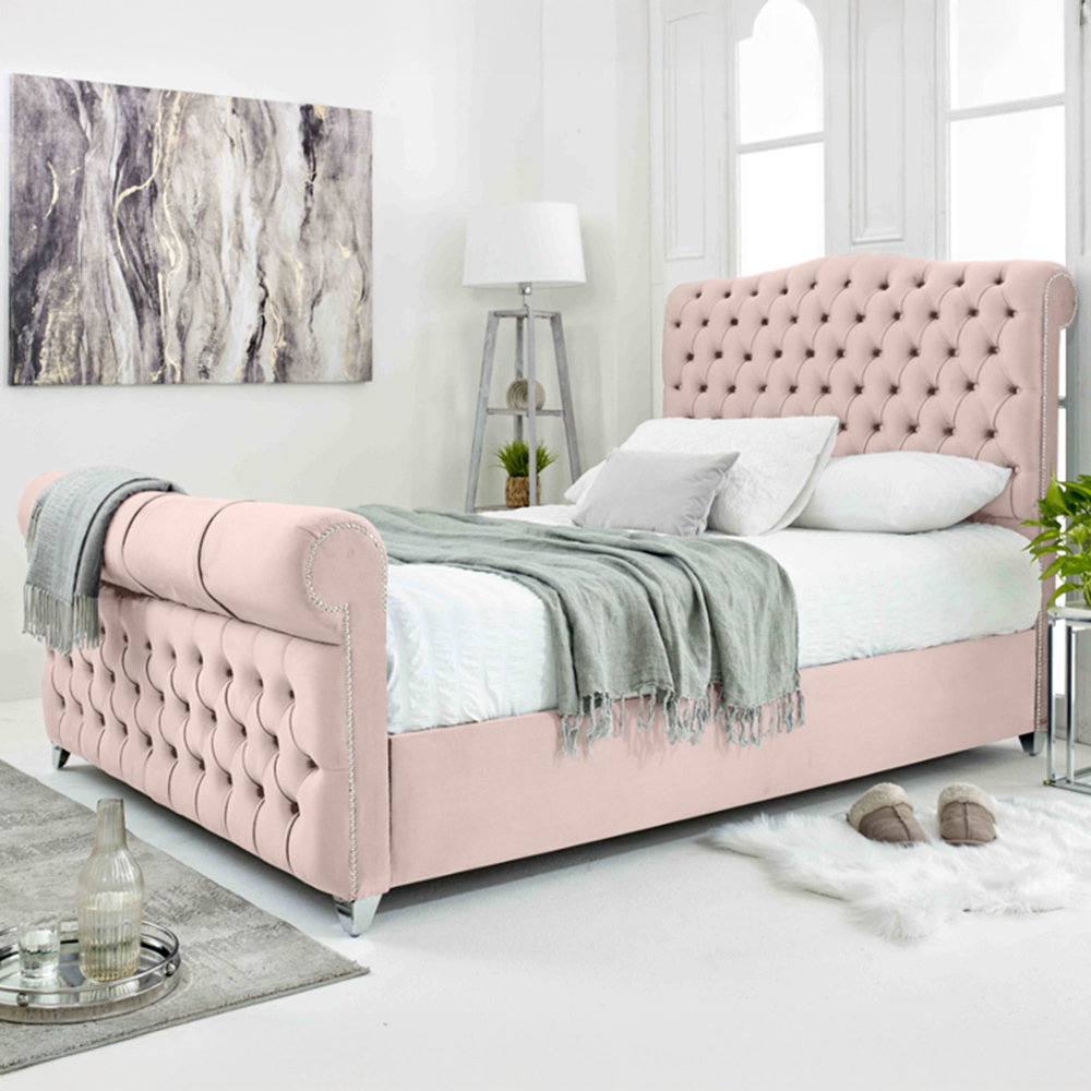 Eleganza Maynard King Size Pink Plush Velvet Bed Frame with Matching Buttons Image 1