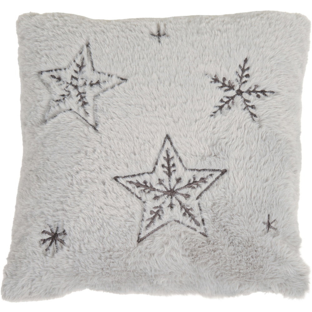 Star Embroidered Faux Fur Cushion Silver Image 1