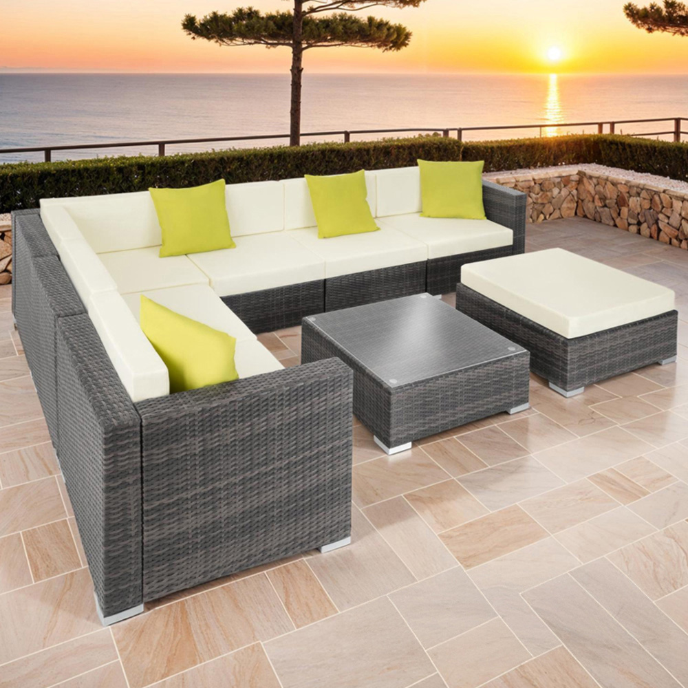 tectake Marbella 7 Seater Grey Rattan Garden Corner Lounge Set Image 1