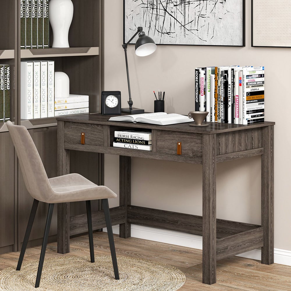 Costway 2 Drawer Single Shelf Computer Desk Oak Image 3