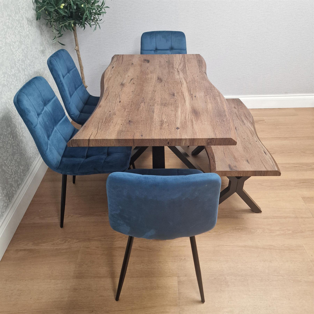 Kosy Koala 6 Seater Wooden Effect Velvet Dining Set with Bench Blue Image 4