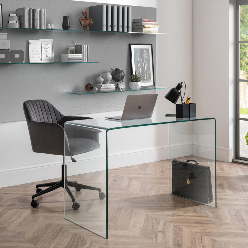 Julian Bowen Amalfi Kahlo Glass Desk and Grey Swivel Office Chair Image 7