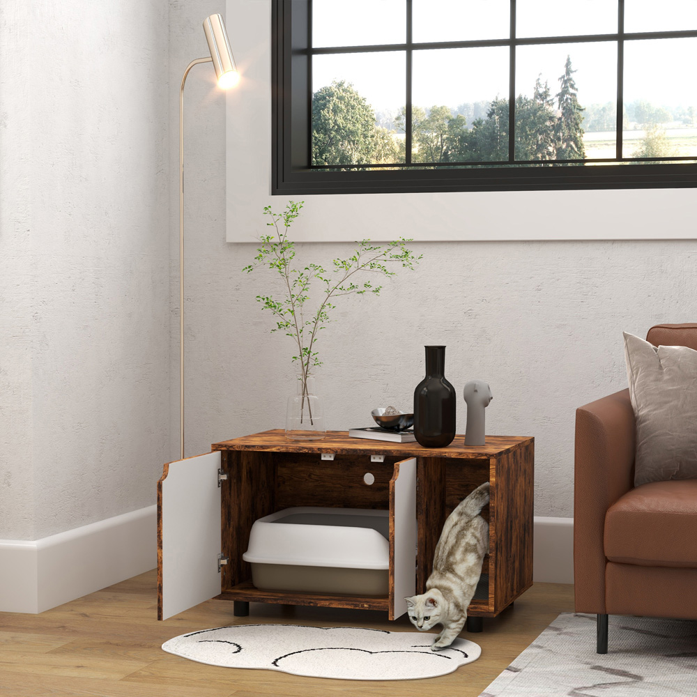 PawHut Rustic Brown Cat Litter Box Cabinet Unit Image 2