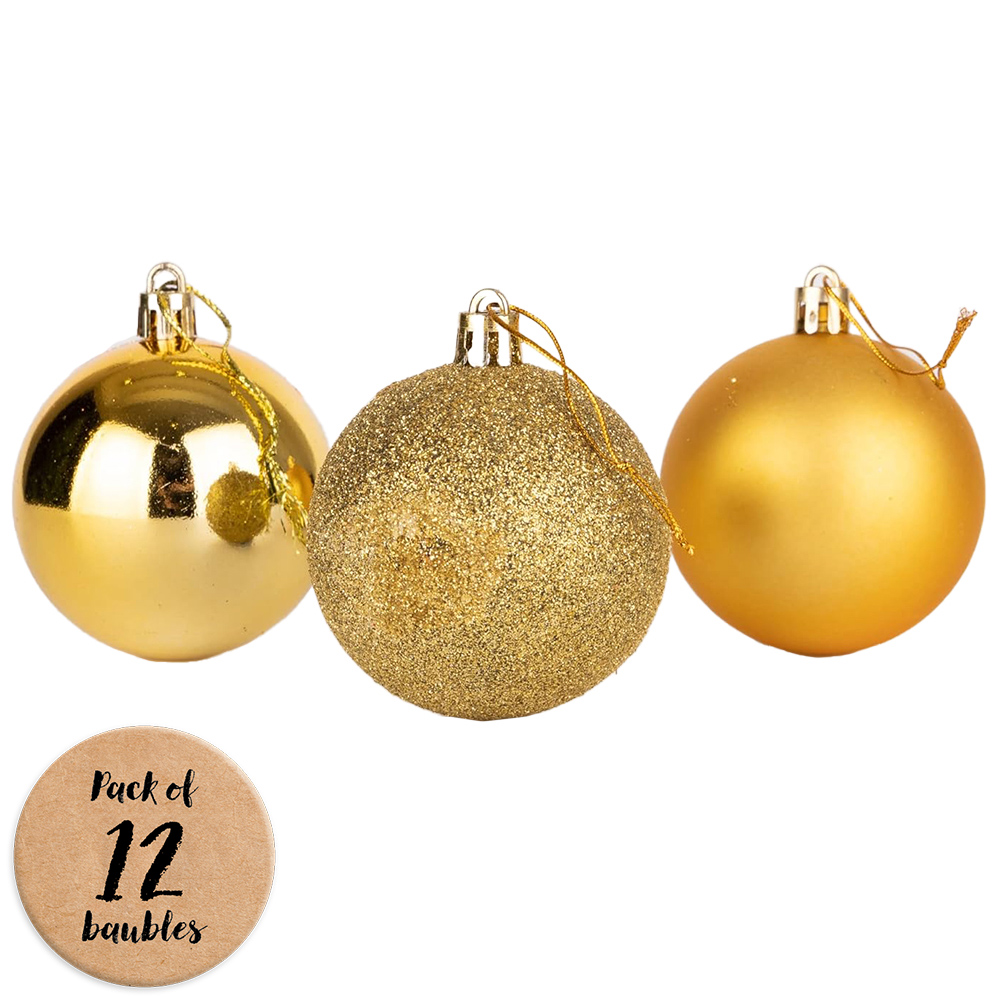 Shatchi 5cm Deep Gold Shatterproof Christmas Baubles 12 Pack Image 1