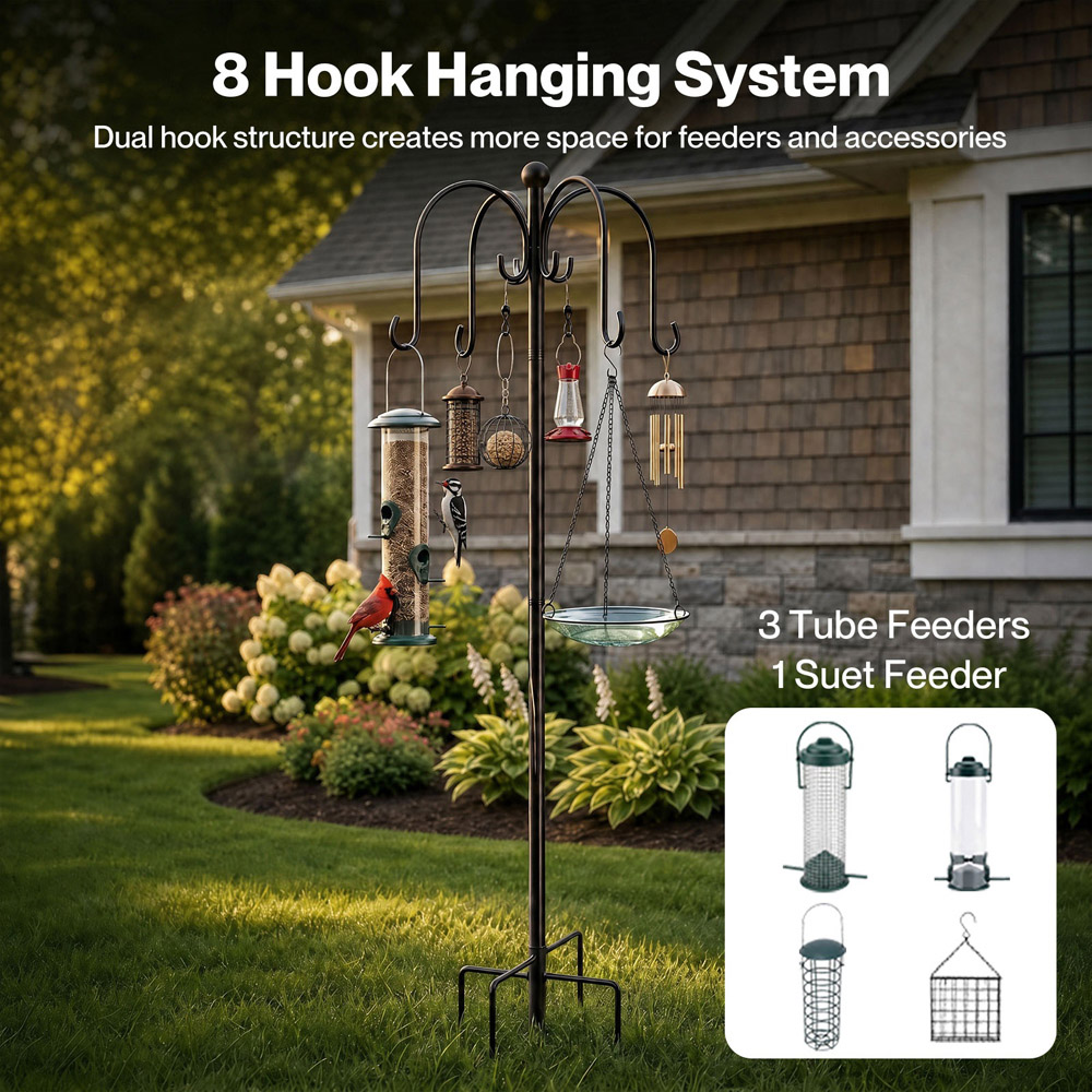TOQUE Black Height Adjustable Complete Bird Feeding Station with 4 Feeders Image 5