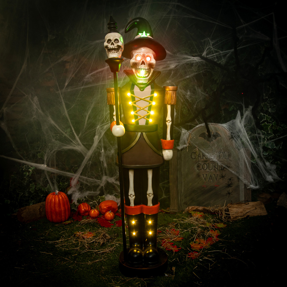 Black and Orange Nutcracker Skeleton with Skull Staff Halloween Decoration 4ft Image 5