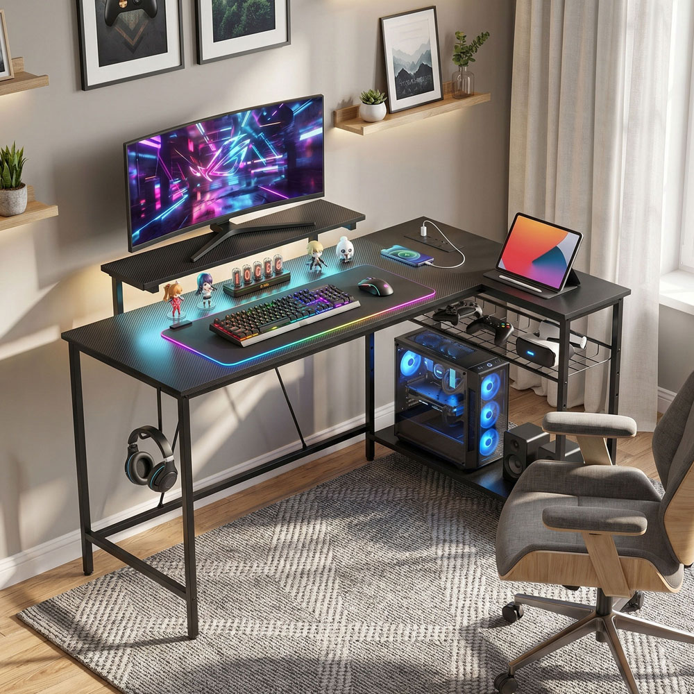 HOMCOM 3 Shelf L-Shaped Office Desk with LED Black Image 2