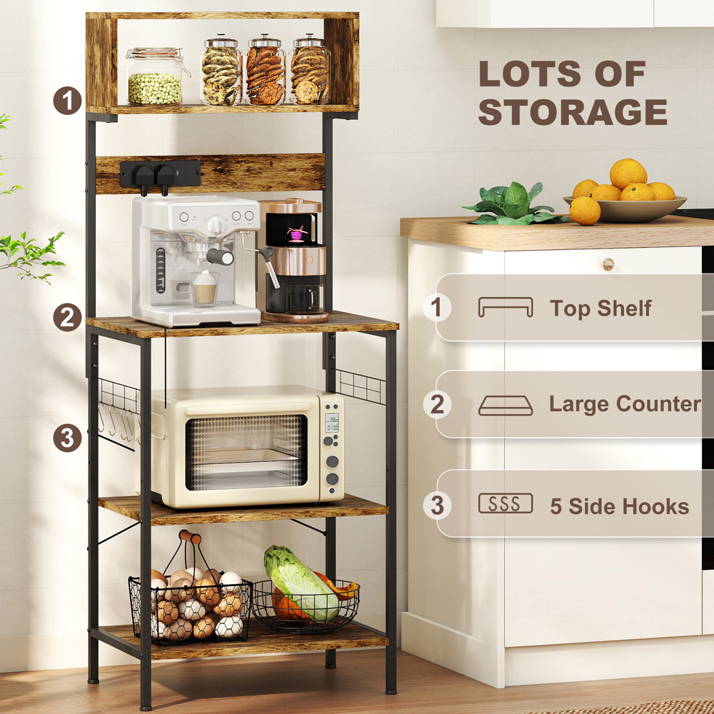 Portland 4 Shelf Brown Bakers Rack with Power Outlet Image 6