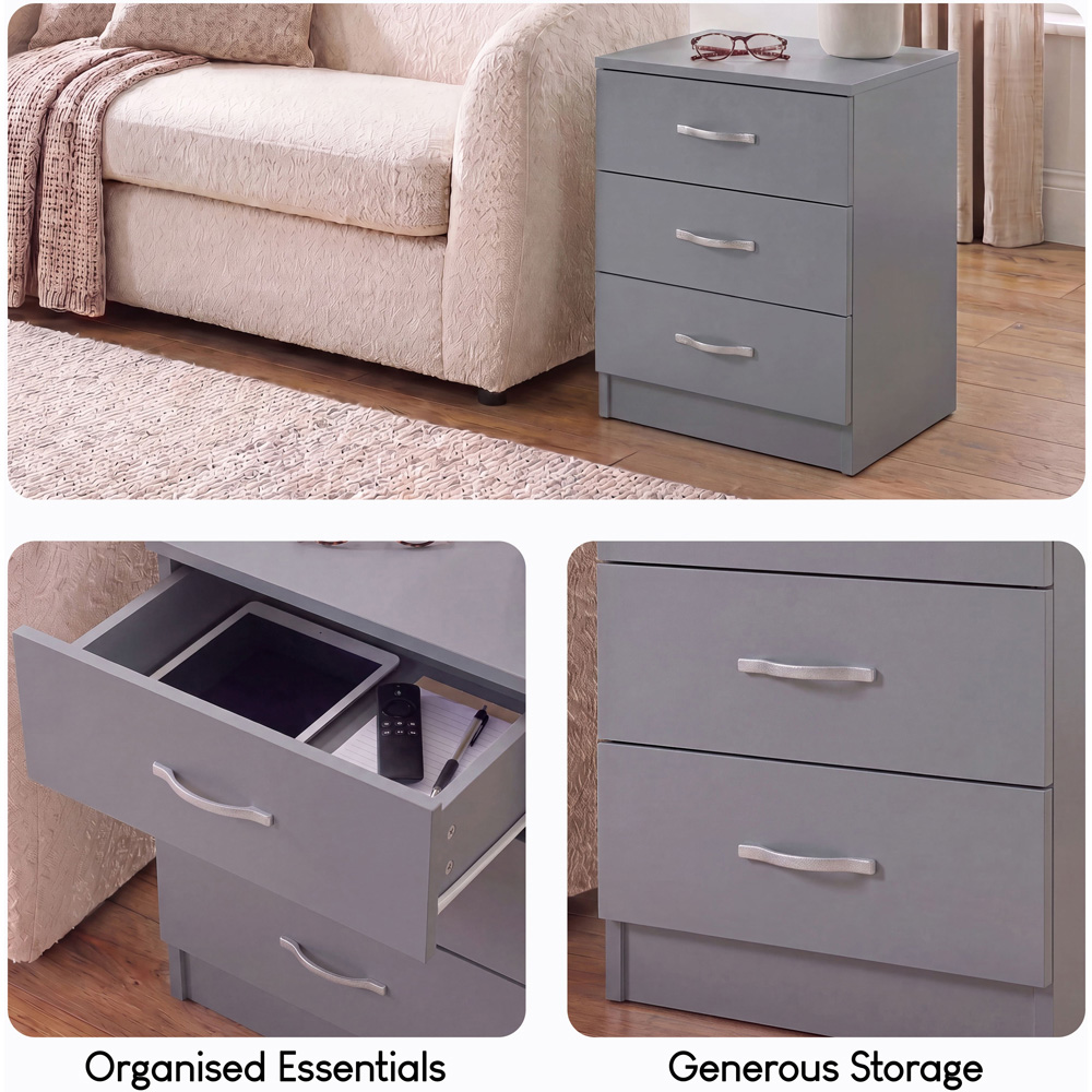 Vida Designs Riano 3 Drawer Grey Melamine Finish Bedside Table Set of 2 Image 6