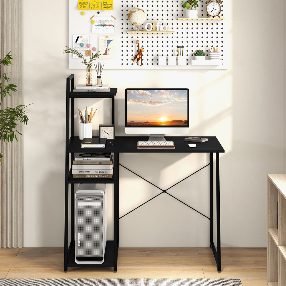Costway Office Desk with Bookshelf and Host Stand Black Image 4
