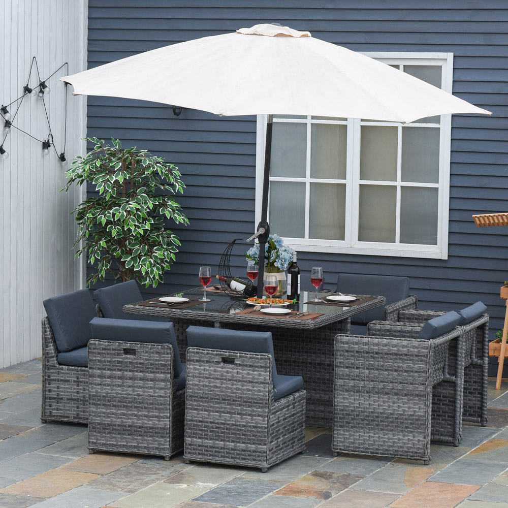 Outsunny 8 Seater Rattan Cube Sofa Dining Set with Parasol Hole Mixed Grey Image 1