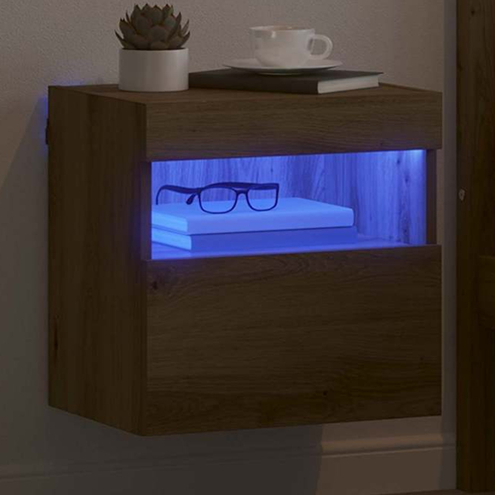 vidaXL Single Door Single Shelf Artisan Oak Wall Mounted TV Cabinet with LED Light Image 1