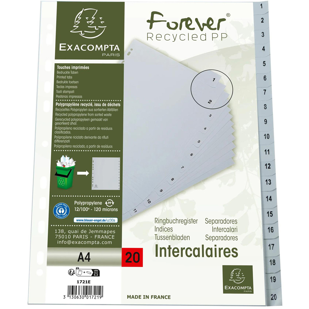 Exacompta A4 Grey Recycled Polypropylene 1-20 Divider 20 Pack Image 5