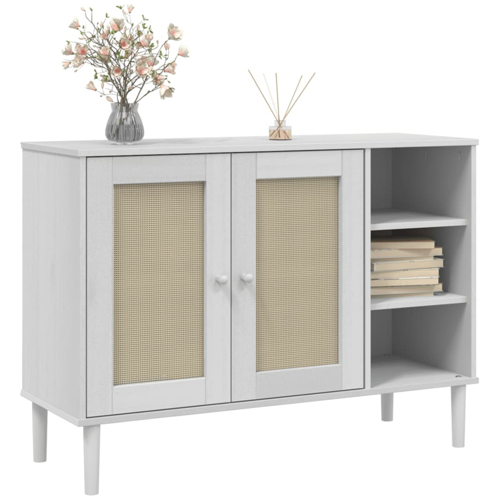 vidaXL Senja 2 Door 3 Shelf White Solid Pine Wood Rattan Look Sideboard Image 3