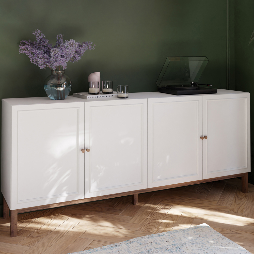 Florence Wensley 4 Door Single Drawer Light Grey and Oak Sideboard Image 1