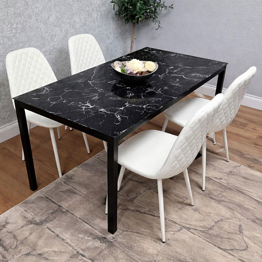 Portland 4 Seater Gem Pattern Faux Leather Marble Effect Tabletop Dining Set Black and White Image 1