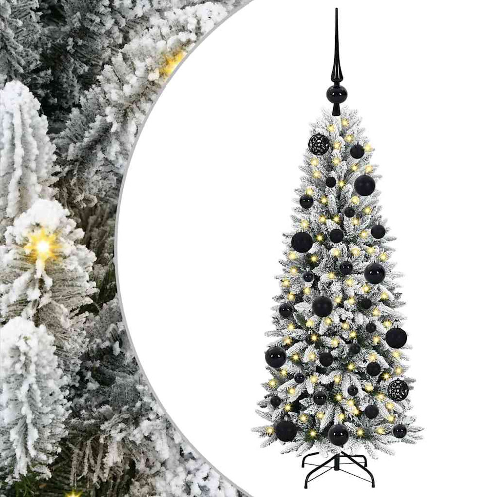 vidaXL Pre-Lit Black Baubles Artificial Snow Flocked Christmas Tree 4ft Image 2