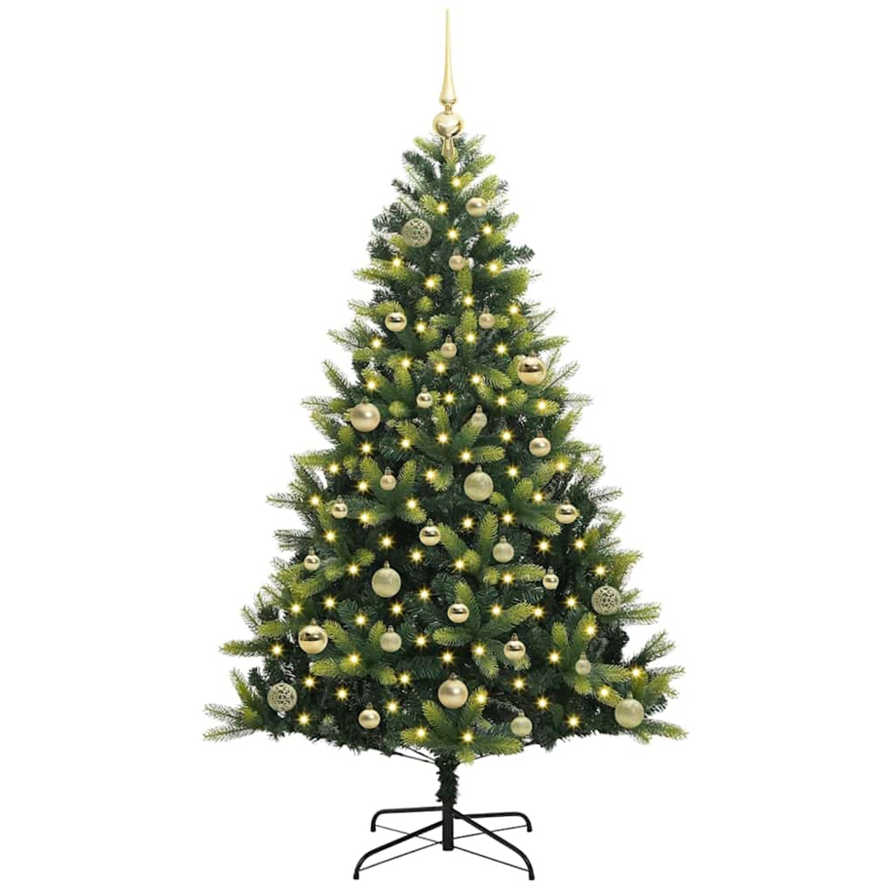 vidaXL Pre-Lit Gold Baubles Green Artificial Hinged Christmas Tree 5ft Image 1
