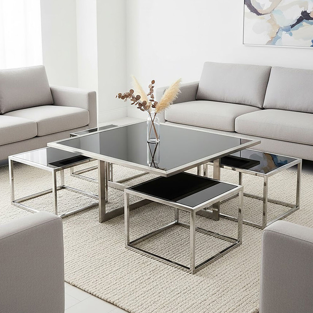 Premier Housewares Horizon 4 Seater Silver Coffee Table and Stool Set Image 1