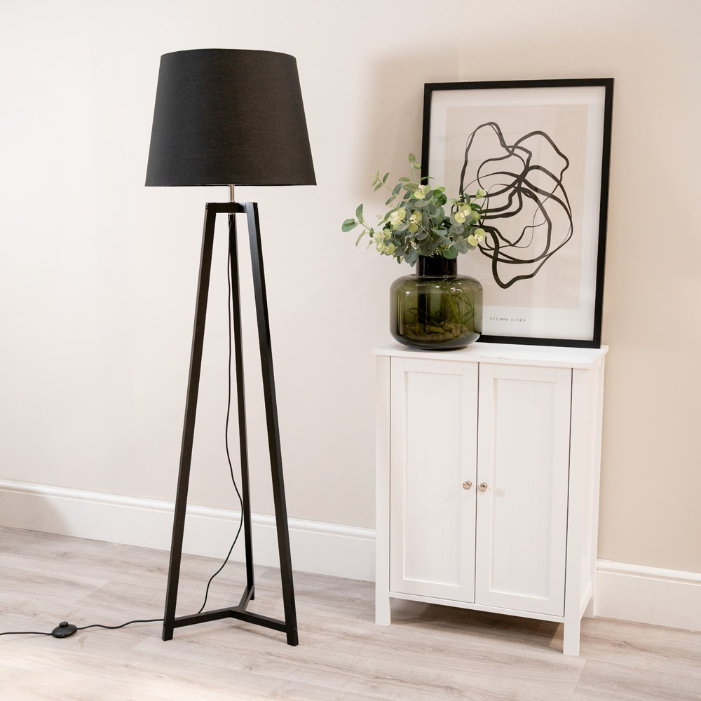 ValueLights Lottie Black Fabric Tapered Shade Black Wood Tripod LED Floor Lamp Image 3