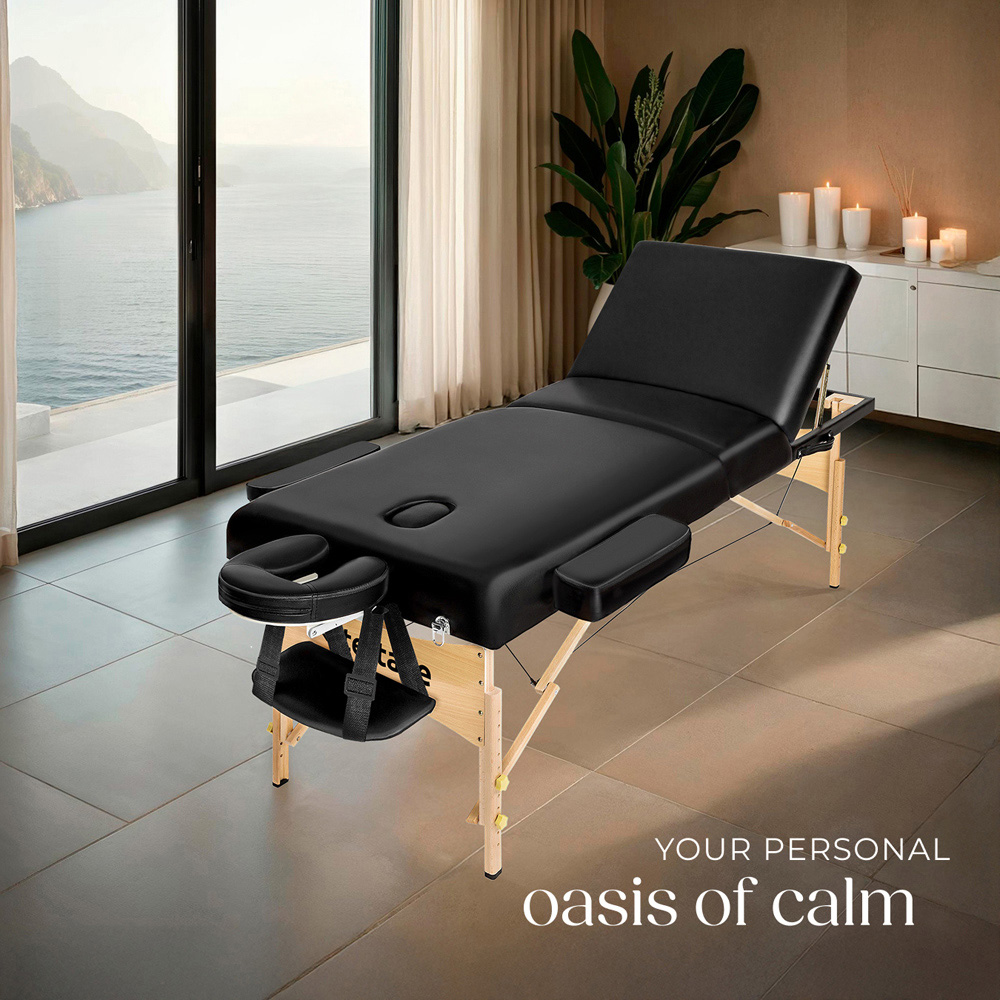 tectake Black 3 Zone Somwang Massage Table with Headrest Armrests Footrest and Bolster Set Image 2