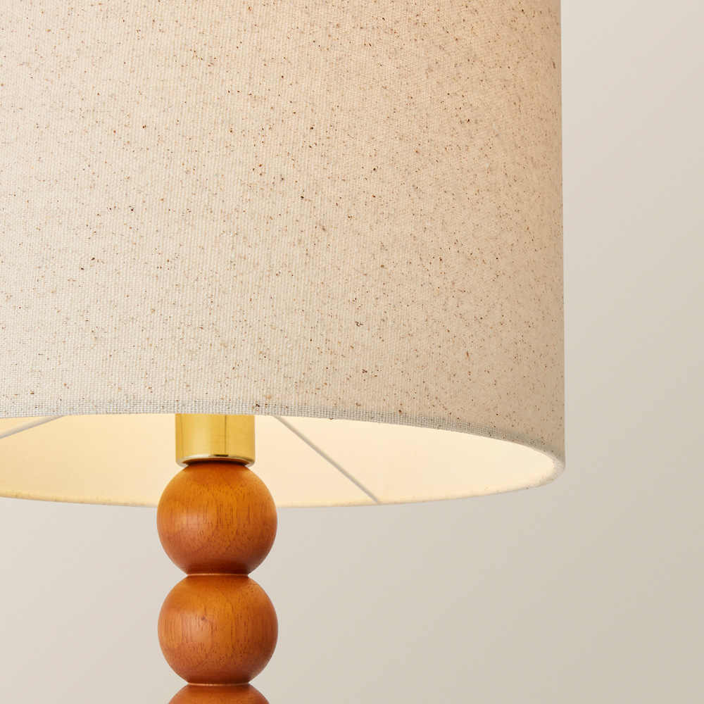 ValueLights Wyatt Natural Linen Drum Lamp Shade Walnut Wood Bobbin LED Table Lamp Image 3