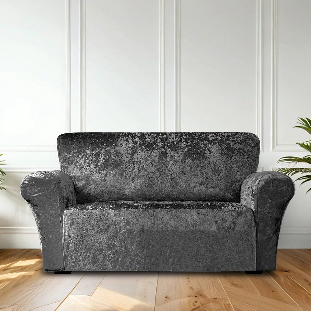 Homerepublic 2 Seater Charcoal Crushed Velvet Stretch Fit Sofa Cover Image 2