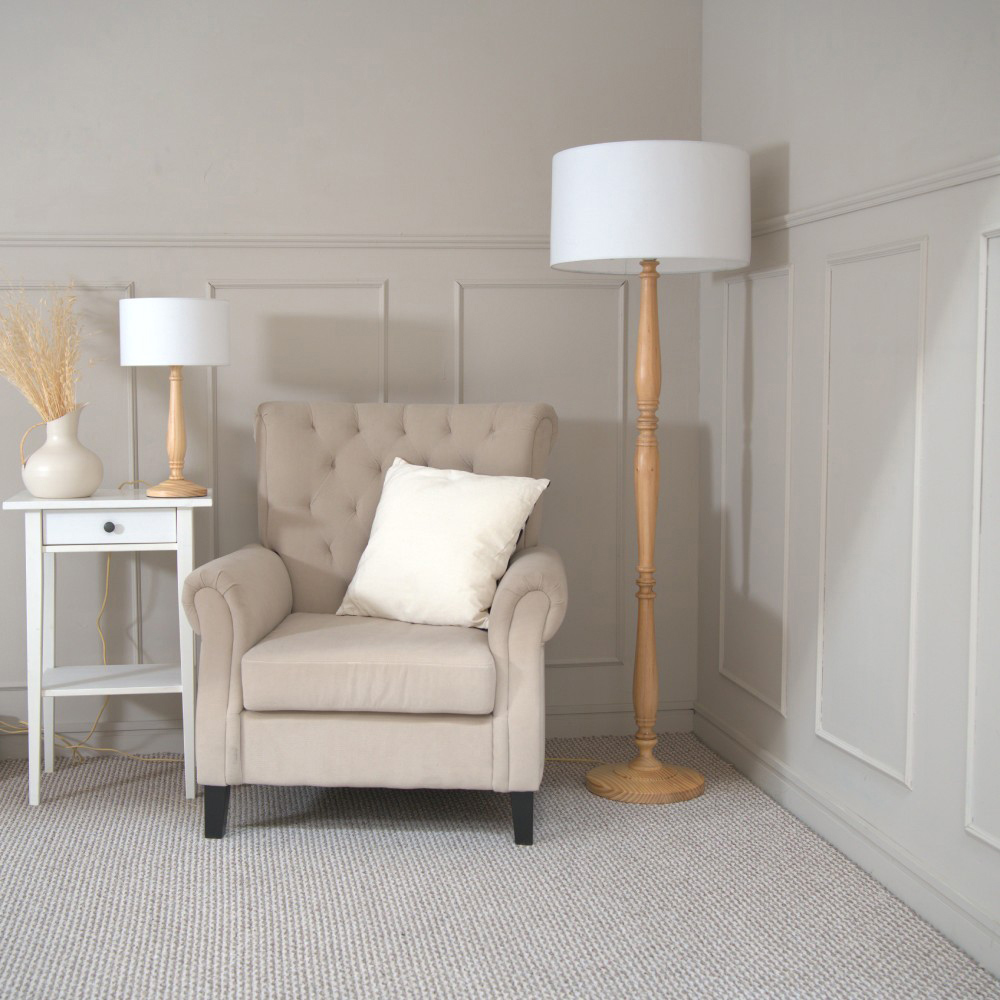 ValueLights Victoria White Fabric Drum Shade Light Wood Traditional Stem LED Table Lamp Image 3