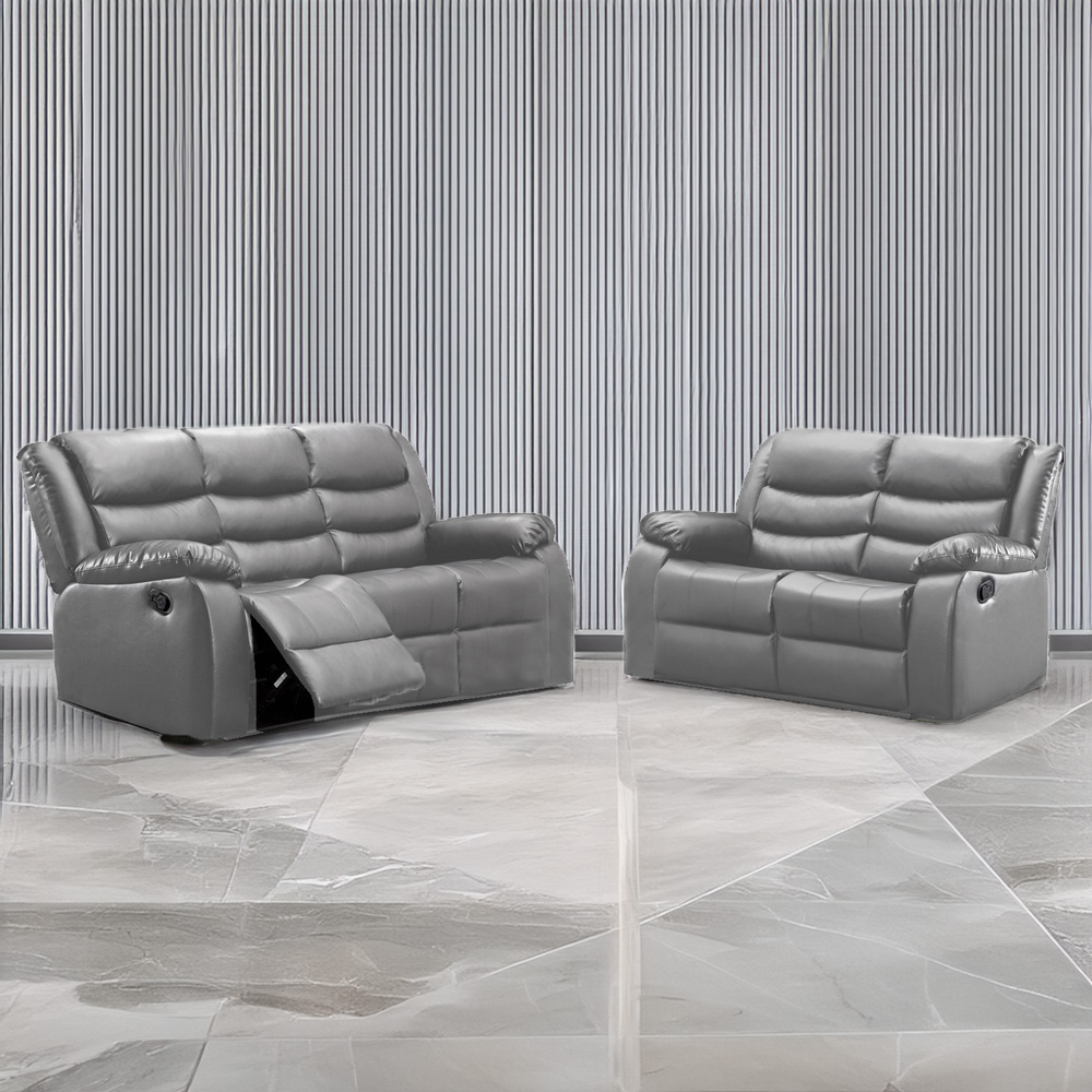 Portland Venice 5 Seater Grey Leather Manual Recliner Sofa Suite Image 1