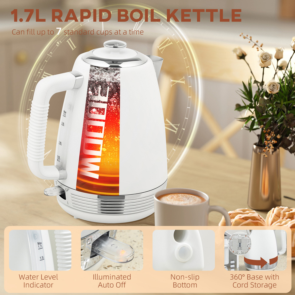 HOMCOM 800-267V70BK White 1.7L Quick Boil Kettle 3000W and 4 Slice Toaster Set Image 4