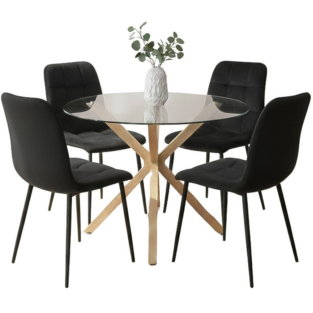 Portland 4 Seater Velvet Tufted Glass Tabletop Round Dining Set Black Image 2
