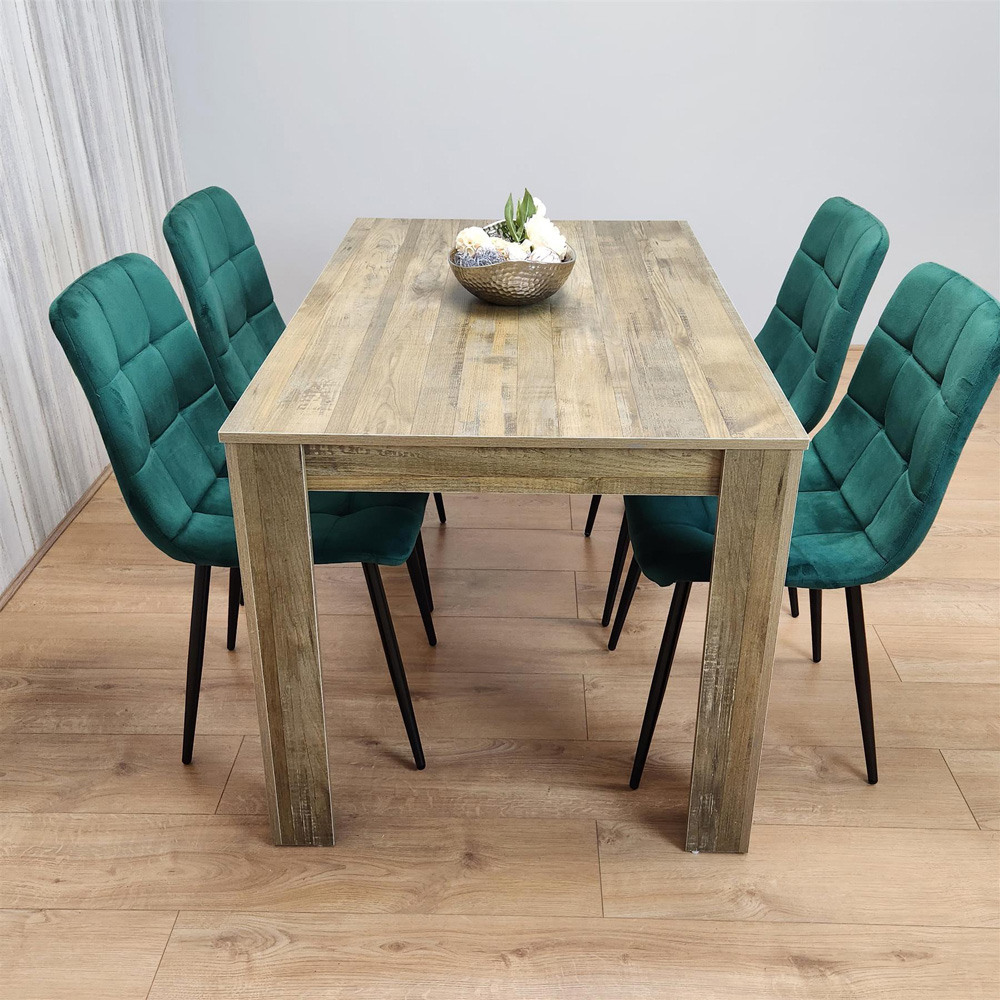 Portland 4 Seater Velvet Dining Set Wood Effect and Green Image 2
