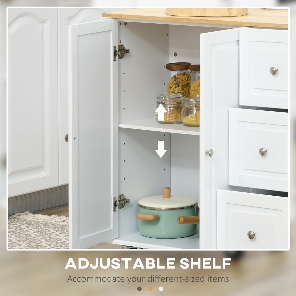 HOMCOM 2 Door 3 Drawer White Kitchen Storage Cart with Drop Leaf Image 7