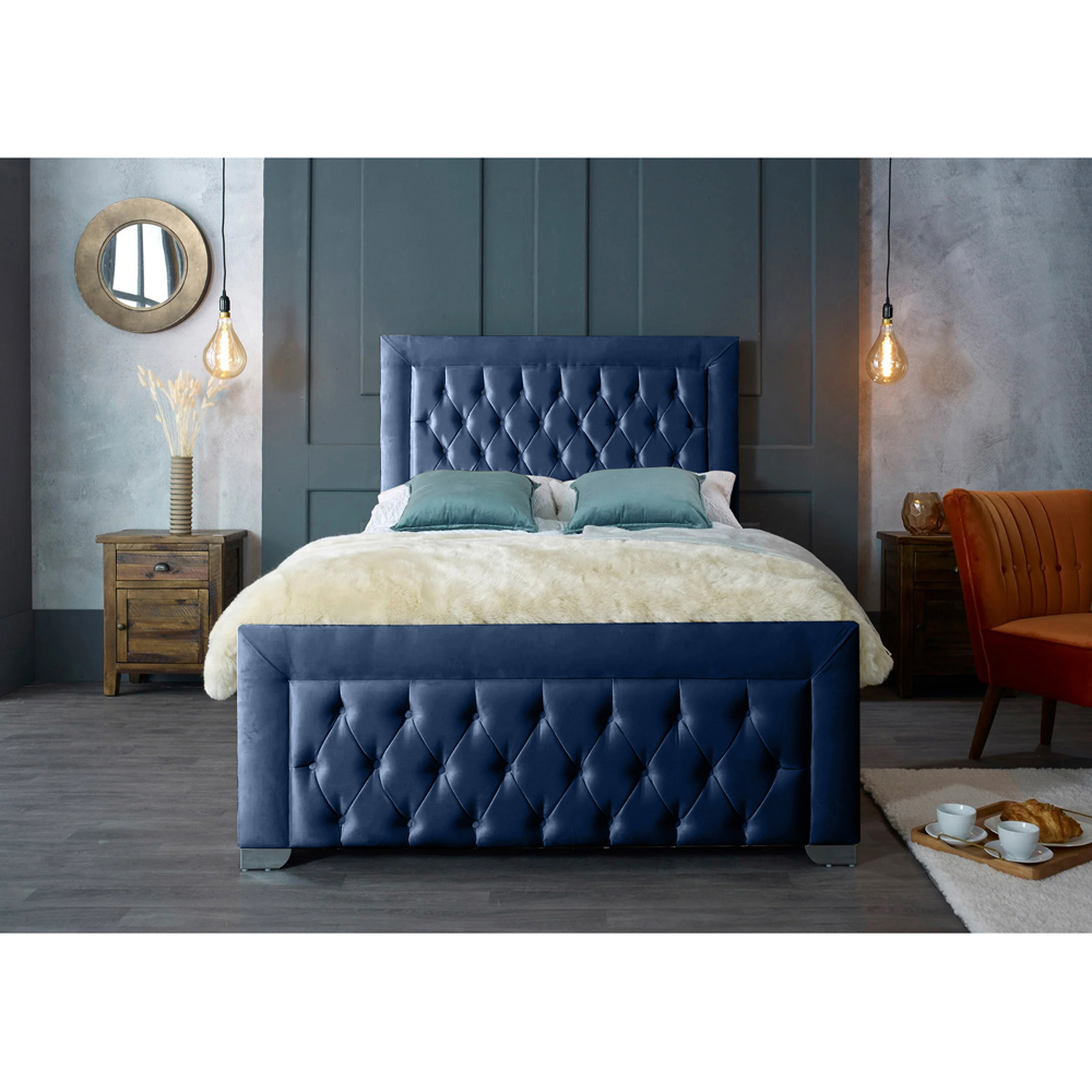 Eleganza Home Gelson Super King Size Blue Plush Velvet Bed Frame with Chesterfield Headboard Image 3