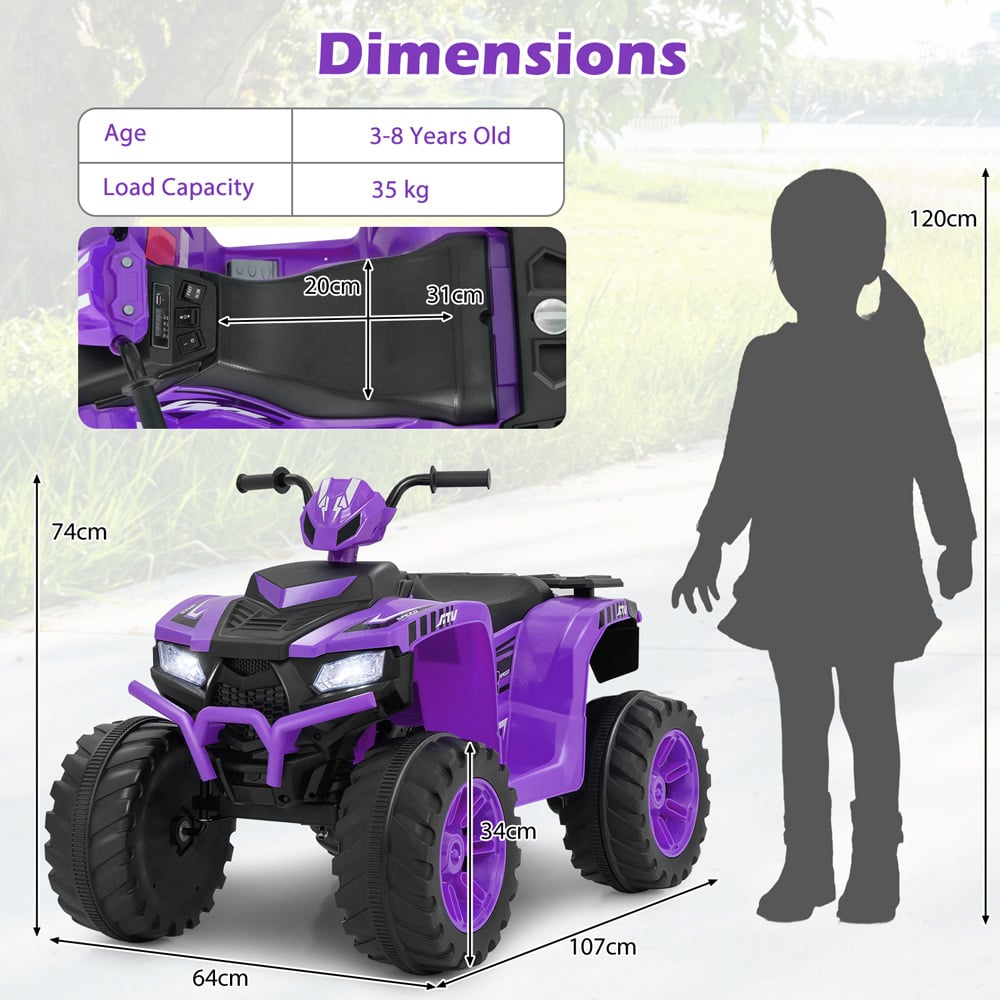 Costway Kids Purple Ride On ATV Toy Car with LED Lights and Wireless Connection 24V Image 8