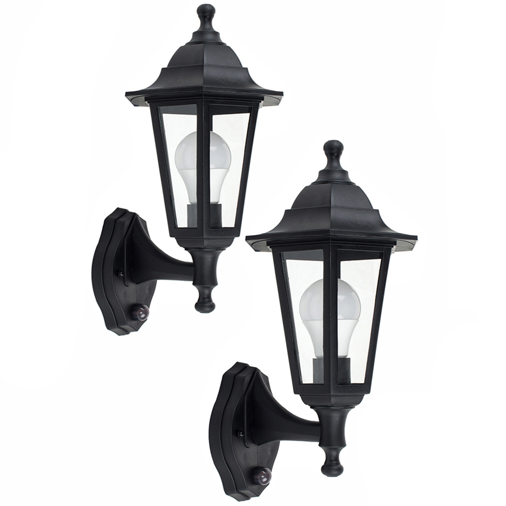 ValueLights Mayfair Set of 2 Black Warm White Bulb PIR Wall Lanterns Image 1