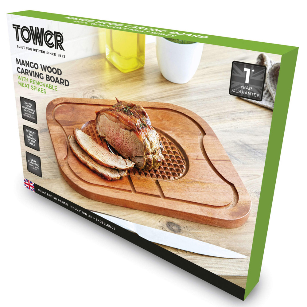 Tower Mango Wood Carving Board with Removable Meat Spikes Image 2