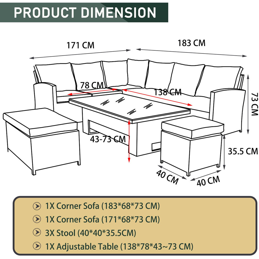Furniture One 9 Seater Rattan Garden Corner Lounge Set with Rising Table Image 7