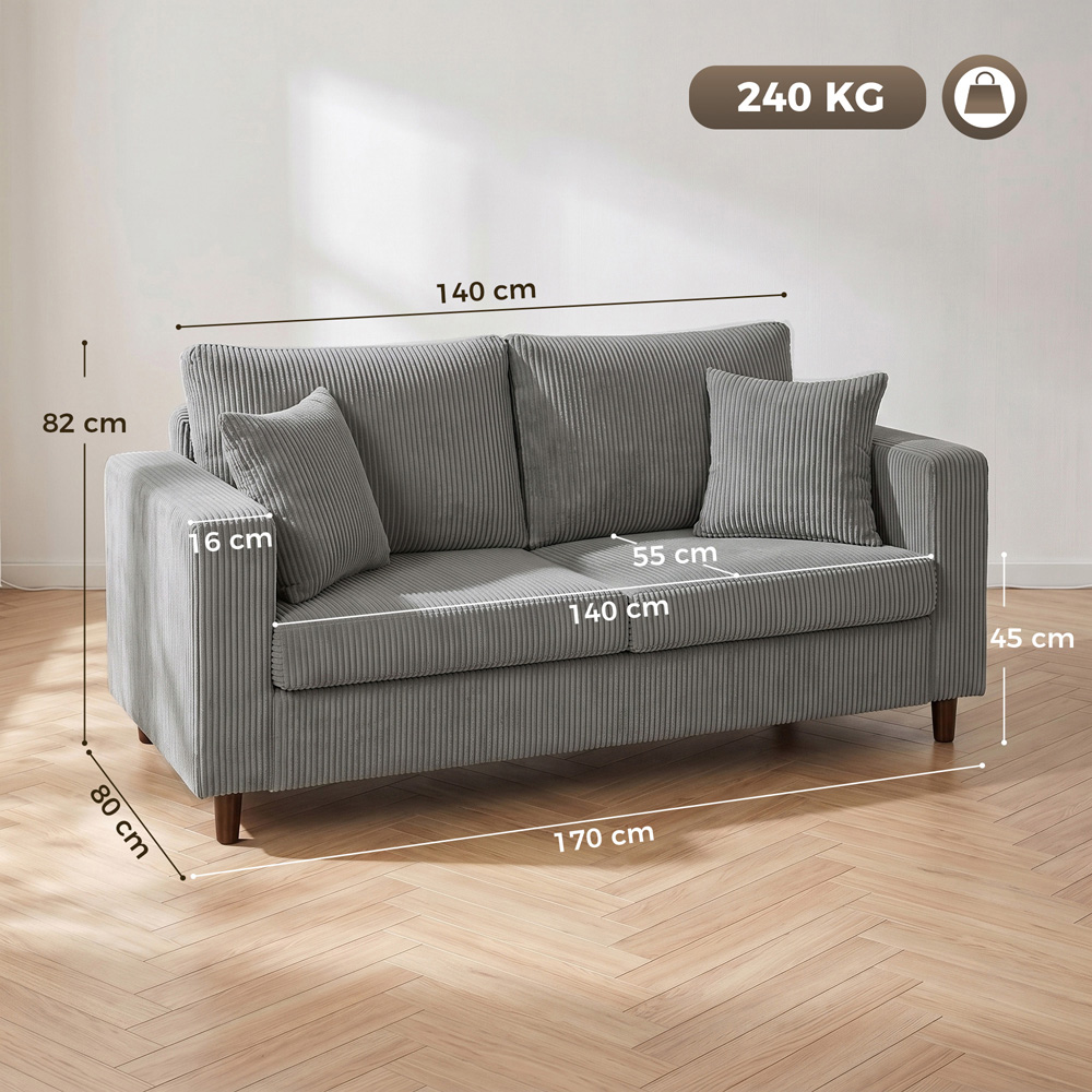 HOMCOM 2 Seater Light Grey Corduroy Upholstered Wide Seat Loveseat Sofa Image 8