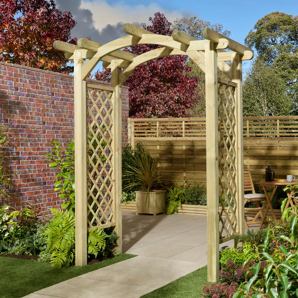 Rowlinson Gloucester 6 x 4ft Natural Wooden Garden Arch with Lattice Sides Image 5