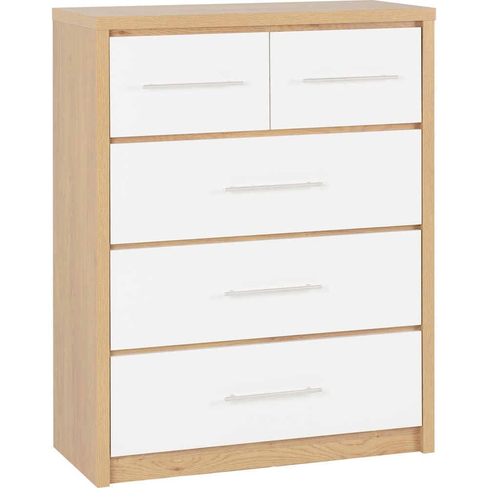 Seconique Seville 5 Drawer White Gloss Light Oak Effect Veneer Chest of Drawers Image 2